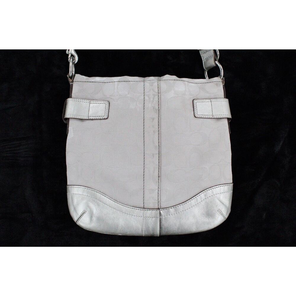 Coach Signature Jacquard Canvas Leather Shoulder Bag F17088 Buckle Silver Y2K - Picture 3 of 10